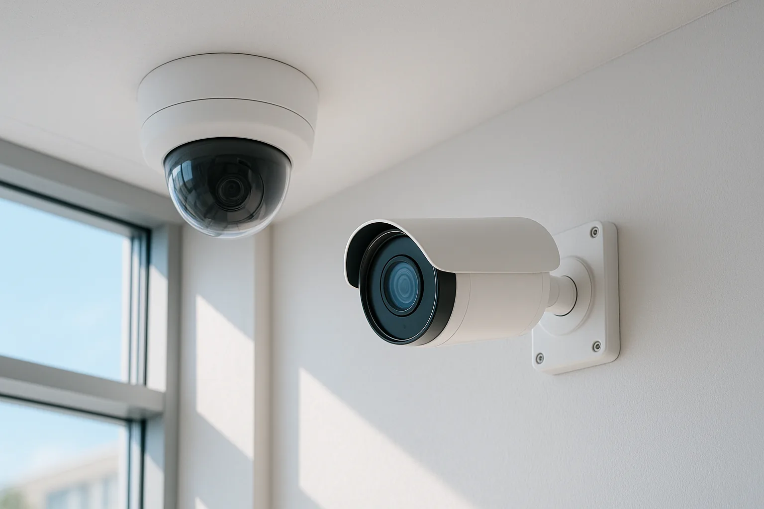 사무실 천장 모서리에 설치된 돔형 CCTV 카메라 클로즈업