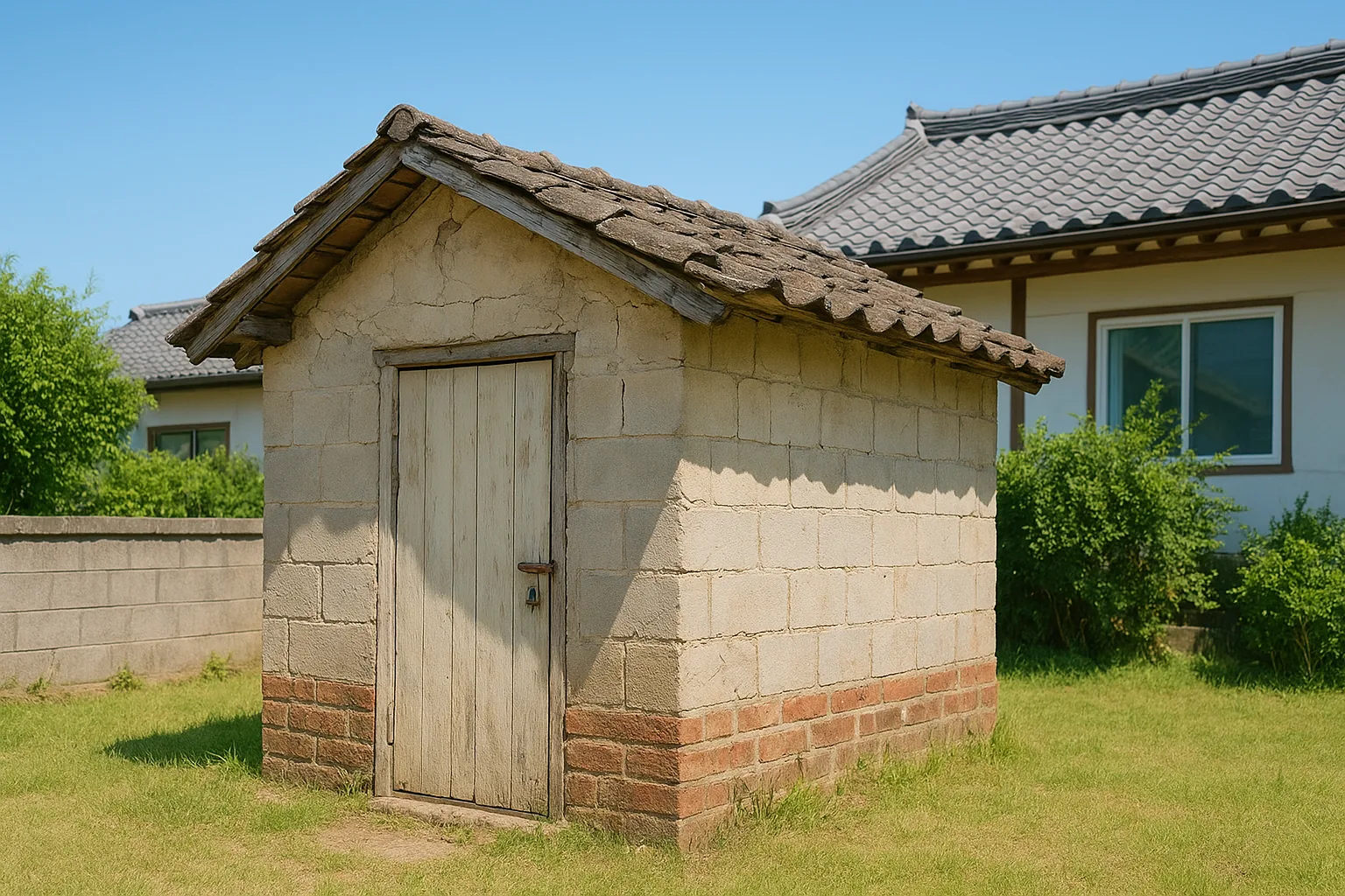 단독주택 마당에 선 노후 균열이 보이는 부속 창고