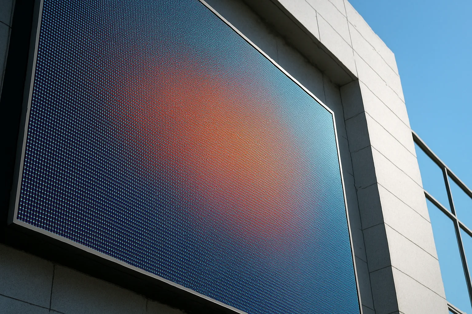 한국 상가 외벽의 대형 옥외 LED 전광판 픽셀 모듈 클로즈업