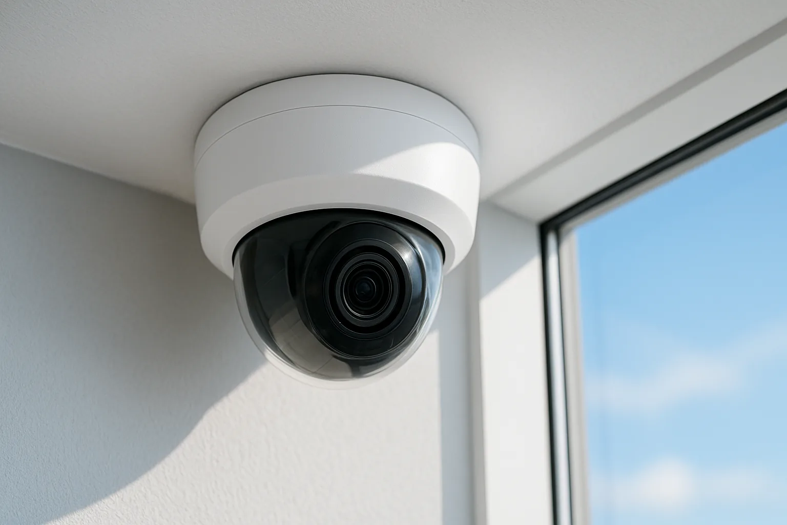 한국 사무실 천장 모서리에 설치된 흰색 돔형 CCTV 카메라