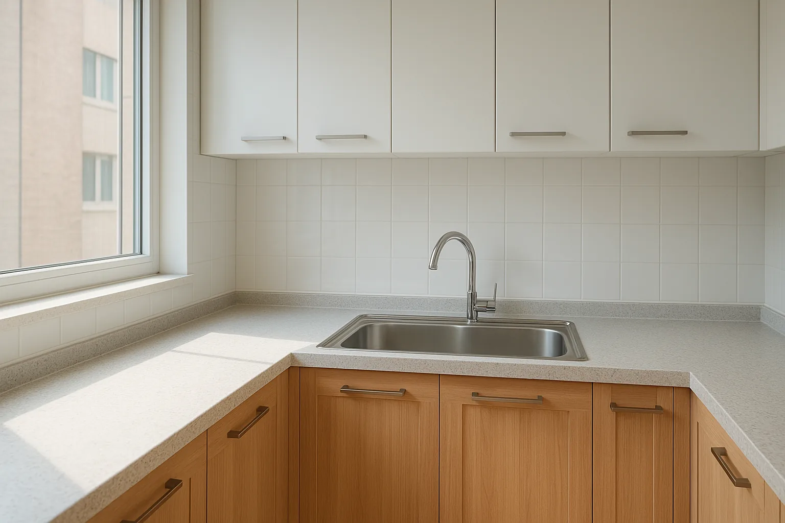 한국 아파트 주방에 새로 설치된 ㄱ자 싱크대 전체