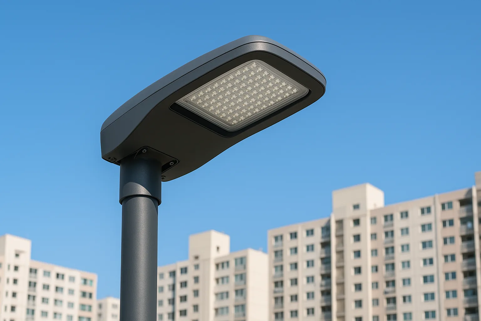 맑은 하늘 아래 단지 가로등 기둥 위 LED 등기구 헤드
