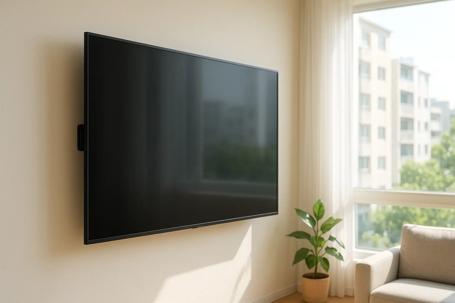 거실 매끈한 벽에 벽걸이로 설치된 대형 평면 TV